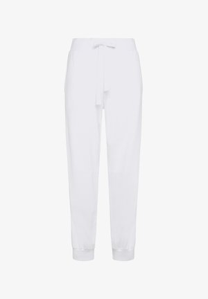 Hvide joggerbukser med snoretræk i taljen, tætsiddende ben og elastiske manchetter; lavet af blødt stof med en glat tekstur.