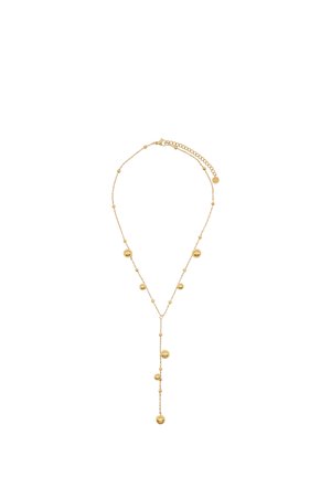 Collana a catena d'oro delicata con piccole e grandi perline tonde distanziate uniformemente, con pendente a forma di Y e chiusura regolabile.