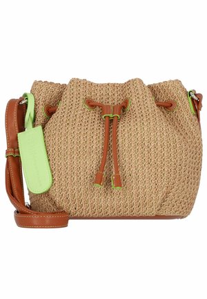 Woven straw bucket bag with brown leather trim, adjustable shoulder strap, drawstring closure, and green leather tag accent.