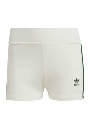Białe sportowe szorty z elastycznym pasem, zielonymi bocznymi pasami i małym zielonym logo Adidas na lewej nodze.