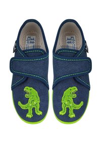 Marine canvas schoenen met klittenbandsluitingen, voorzien van een glanzende groene dinosaurustranscriptie aan de voorkant en felgroene zolen.