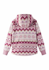 Hoodie mit geometrischen und floralen Mustern in Rosa, Weiß und Lavendel. Hergestellt aus strukturiertem Stoff mit gerippten Bündchen und Saum.