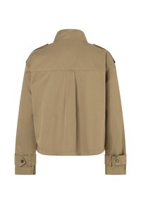 Beige verkürzte Jacke mit langen Ärmeln, knöpfbaren Manschetten, Schulterklappen, Rückenfalte und strukturiertem Kragen.