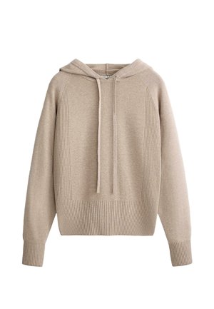 Beige hoodie met ribbeltextuur, voorzien van een voorzak en koordjes. Zachte stof en ontspannen pasvorm ontwerp.