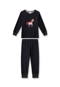 Black fleece pajama set featuring a long-sleeve top with a pink unicorn design and matching black pants with cuffed ankles.