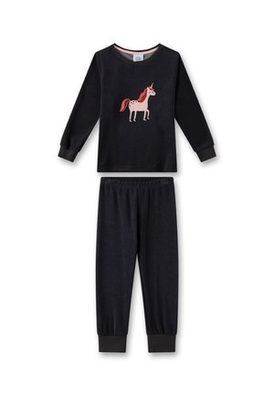 Schwarzes Fleece-Schlafanzug-Set mit einem langärmligen Oberteil mit einem pinken Einhorn-Design und passenden schwarzen Hosen mit Bündchen an den Knöcheln.