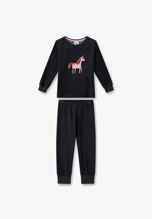 Black fleece pajama set featuring a long-sleeve top with a pink unicorn design and matching black pants with cuffed ankles.