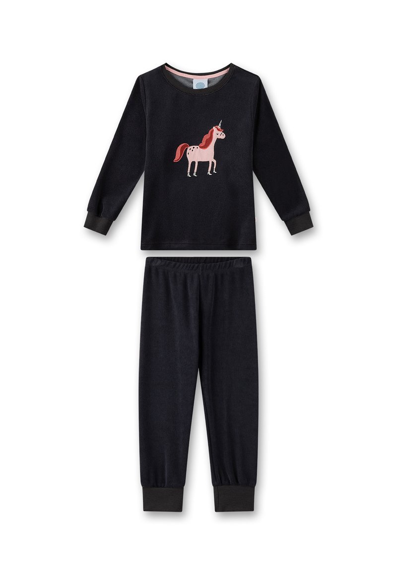 Black fleece pajama set featuring a long-sleeve top with a pink unicorn design and matching black pants with cuffed ankles.