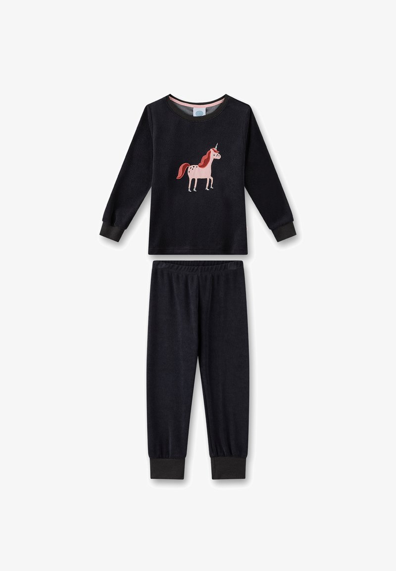 Schwarzes Fleece-Schlafanzug-Set mit einem langärmligen Oberteil mit einem pinken Einhorn-Design und passenden schwarzen Hosen mit Bündchen an den Knöcheln.