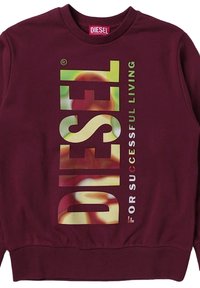 Felpa bordeaux con scollatura rotonda e polsini a costine, caratterizzata da grande testo multicolore: "DIESEL PER UNA VITA DI SUCCESSO" in un font moderno.