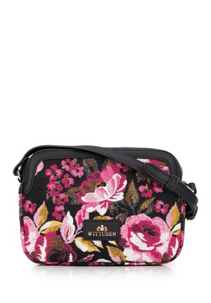 Mała czarna torebka na ramię z różowo-żółtym wzorem kwiatowym, czarną skórzaną lamówką i etykietą marki Wittchen z przodu.