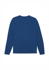 Langarmshirt in diepblauw, met een gestructureerde stof, een ronde hals en een logo-accent aan de onderkant rechts.