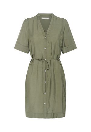 Abito verde oliva realizzato in materiale morbido, con scollatura a V, maniche corte, bottoni frontali e vita con coulisse per una vestibilità regolabile.