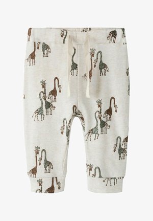 Pantalon beige clair pour tout-petit avec imprimé girafe marron et vert, taille élastique, et cordon blanc.