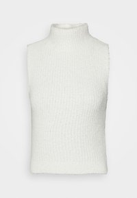 Top bianco senza maniche a collo alto con una texture a coste, caratterizzato da un collo alto e una forma aderente. Senza chiusure visibili.