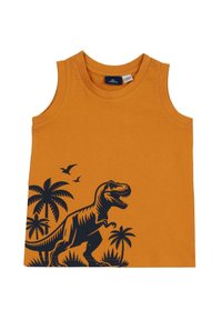 Orange ärmlös bomullstopp med en grafisk tryck av en svart dinosaurie och palmer, med rund halsringning och slät textur.