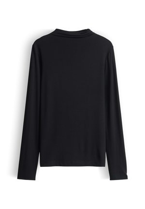 Camicia nera a maniche lunghe con collo alto e vestibilità comoda. Realizzata in tessuto morbido e elastico con una texture liscia.