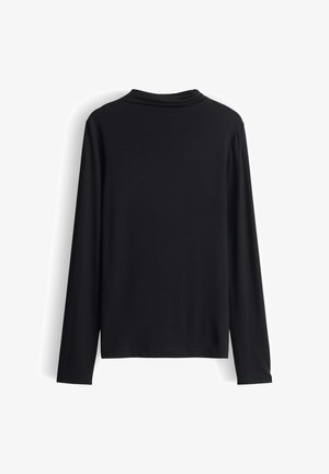 Schwarz, langärmliges Shirt mit hohem Kragen und lockerer Passform. Hergestellt aus weichem, elastischem Stoff mit glatter Textur.