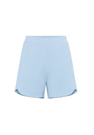 Light blue shorts made of soft fabric with an elastic waistband, side pockets, and angled hems for a relaxed fit. Smooth texture.