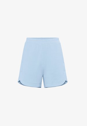 Light blue shorts made of soft fabric with an elastic waistband, side pockets, and angled hems for a relaxed fit. Smooth texture.