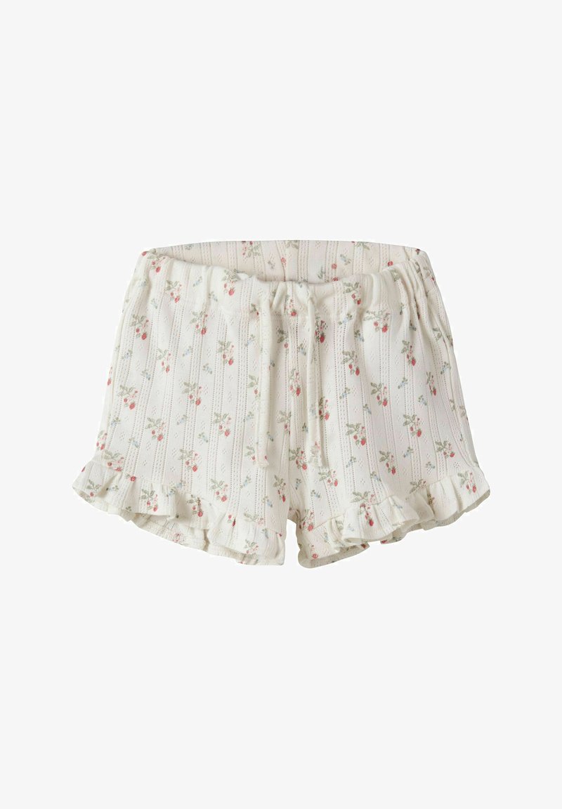 Short en coton blanc avec petit imprimé floral, taille élastique, cordon de serrage et ourlets à volants.