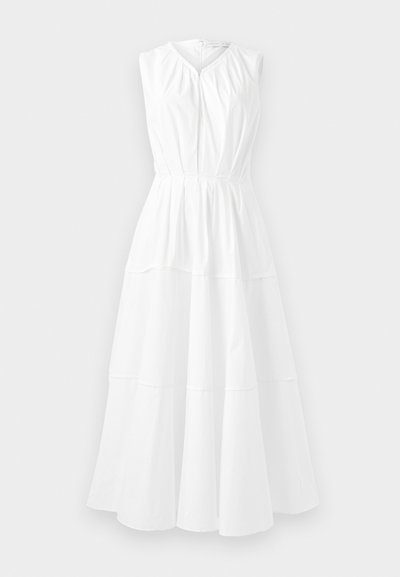 White sleeveless dress with a round neckline, gathered bodice, and tiered A-line skirt, featuring a smooth, lightweight fabric.