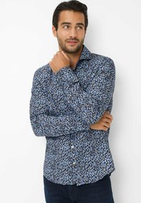 Herren-Langarmhemd in Blau und Schwarz mit strukturiertem, gemustertem Design. Verfügt über einen Button-Down-Kragen und eine Knopfleiste vorne.