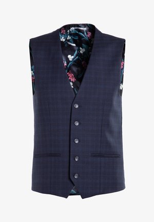 Navy checkered vest with a satin floral-patterned lining, featuring a notched collar, five buttons, and two front pockets.