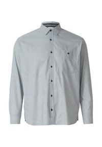 Overhemd met knopen in lichtgrijze stof, met een subtiel ruitpatroon, lange mouwen, puntkraag, borstzak en donkere knopen.