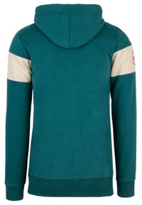 Teal hoodie with a beige stripe across the shoulders. Features a drawstring hood and ribbed cuffs and hem. Smooth fabric texture.