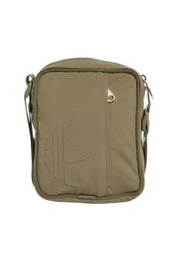 Borsa a tracolla in tessuto verde oliva con chiusura a zip, caratterizzata da un motivo logo testurizzato e una tracolla staccabile. Design compatto e rettangolare.