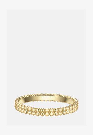 Kuldring beebi, tekstuuriga disainiga. Ringi sisemine osa on siledaks viimistletud ja välisserval on kahe rea ulatuses ümmarguseid helmeid.