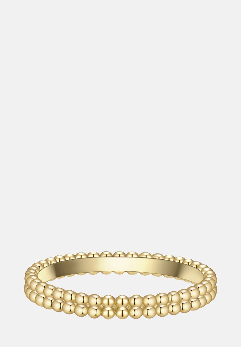 Auksinis žiedas su rutuliukų, tekstūruotu dizainu. Žiedas turi lygų vidinį žiedą ir dvigubą apvalių rutuliukų eilę palei išorinį kraštą.