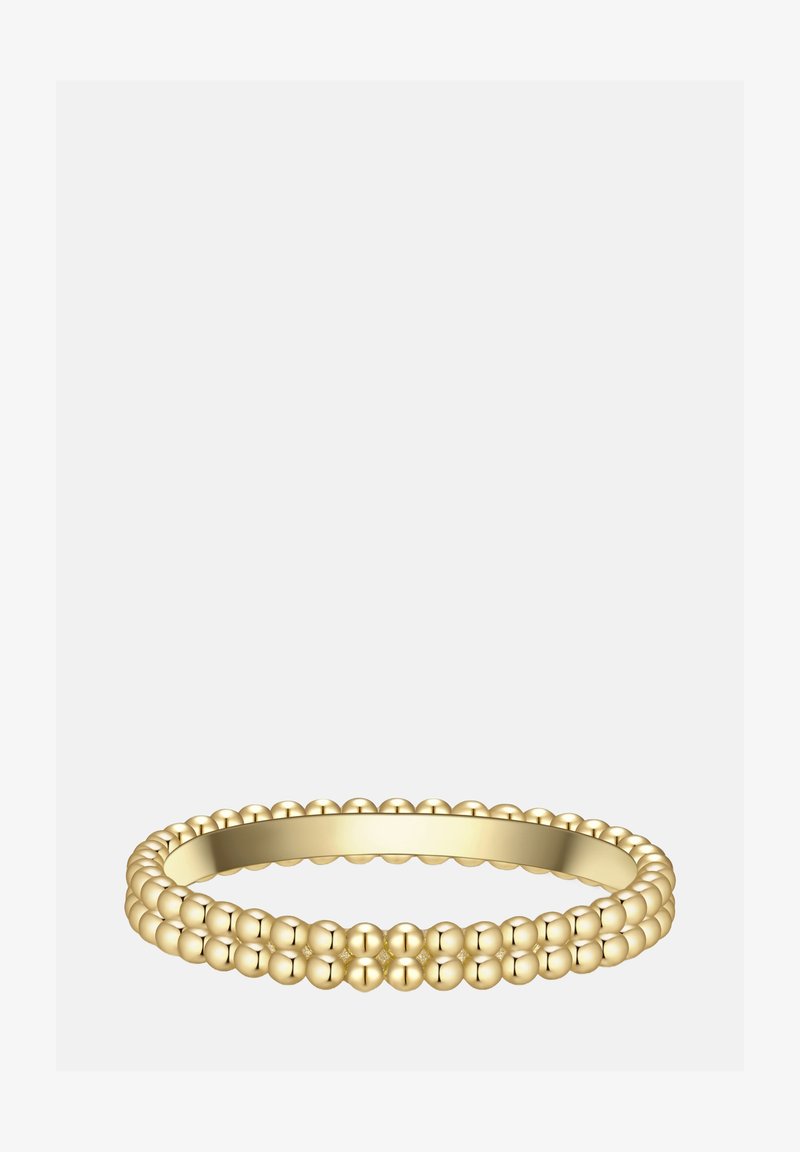 Zelta gredzens ar pērļotu, teksturētu dizainu. Gredzens ir aprīkots ar gludu iekšējo malu un divkāršu rindu ar apaļām pērlēm gar ārējo mali.