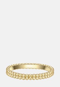 Zlati prstan z bisernatim, teksturiranim dizajnom. Prstan ima gladek notranji del in dvojno vrsto okroglih biserov ob zunanji robu.
