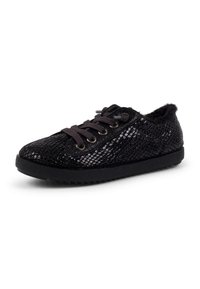 Schwarzer Sneaker mit glänzender, mesh-ähnlicher Textur, runder Spitze und flacher Gummisohle. Verfügt über schwarze Schnürsenkel und eine weiche Fütterung am Kragen.