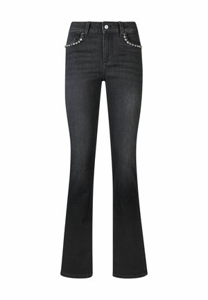 Jeans neri a gamba svasata realizzati in denim, con tasche decorate, vita alta e una texture liscia.