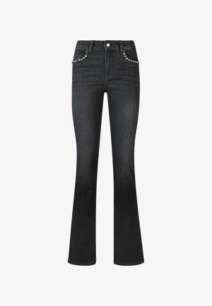 Jeans noirs évasés en denim, avec des poches ornées, une taille haute et une texture lisse.