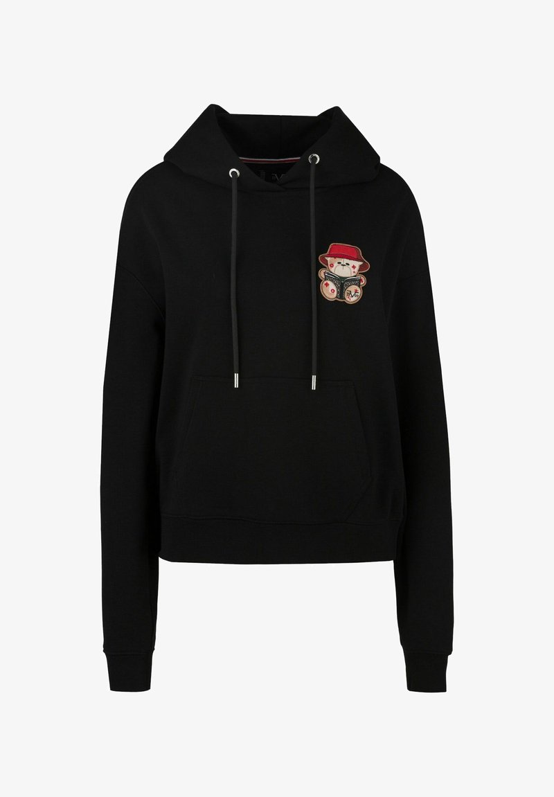 Schwarzer Hoodie aus Baumwollmischung, mit einer vorderen Kängurutasche, Zugbändern und einem gestickten Bärenmotiv auf der linken Brust.