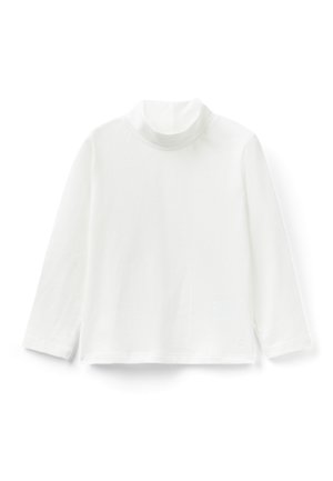Weißes Langarm-Turtleneck-Shirt aus weichem Stoff, mit hohem Kragen und lässiger Passform, versehen mit einem kleinen Logoakzent nahe dem Saum.