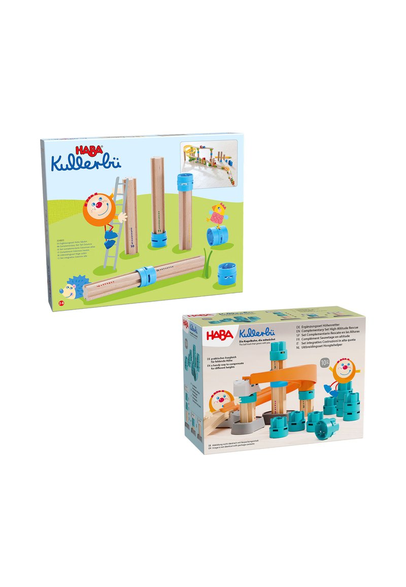 Twee HABA Kullerbü speelsets in levendige verpakkingen. De bovenste heeft houten en blauwe kunststofcomponenten; de onderste heeft oranje en turquoise accenten.