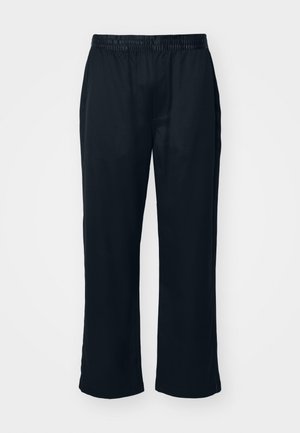 Black, lightweight, woven fabric pants with an elastic waistband, featuring a relaxed fit and straight legs. No visible pockets or embellishments.