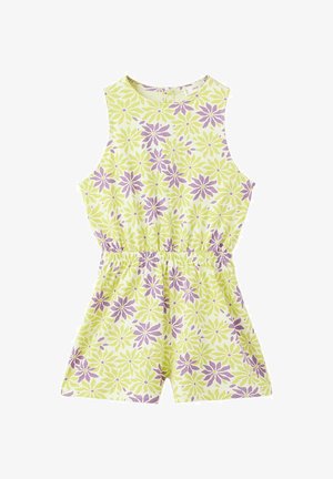 Combinaison sans manches avec taille élastique, présentant un motif floral vert clair et violet sur fond blanc.