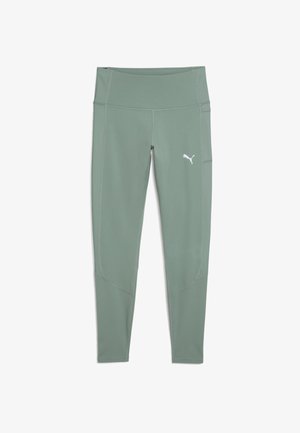 Leggings en verde menta con cintura alta, tejido elástico, costuras planas y un logo blanco de Puma en el lado izquierdo.