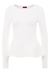 Top bianco a maniche lunghe con forma peplum, design a coste testurizzato e scollatura tonda. Presenta un orlo liscio e dettagli sottili sul tessuto.
