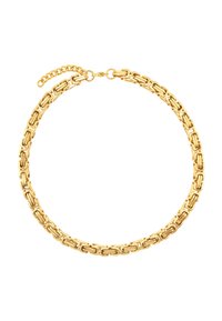 Goldene Halskette mit ineinandergreifenden rechteckigen Gliedern, glatter Oberfläche und einem Verschluss mit einer verstellbaren Kettenverlängerung.