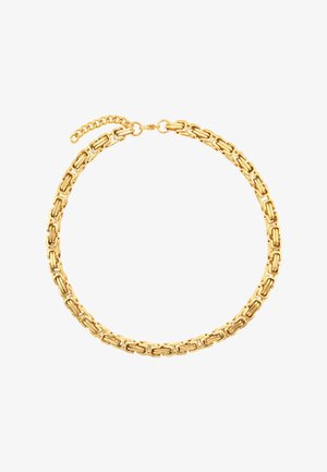 Gouden ketting met elkaar verbonden rechthoekige schakels, een gladde textuur en een sluiting met een verstelbare kettingverlenging.