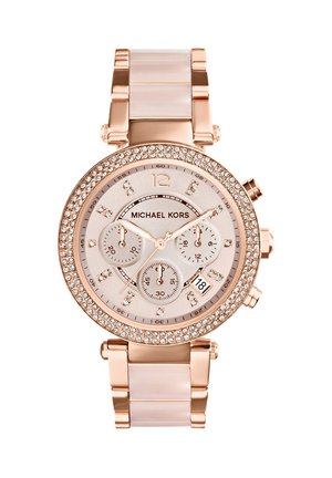 Roségoldene Michael Kors Armbanduhr mit kristallbesetzter Lünette, drei Hilfszifferblättern, Datumsanzeige und Metallarmband.