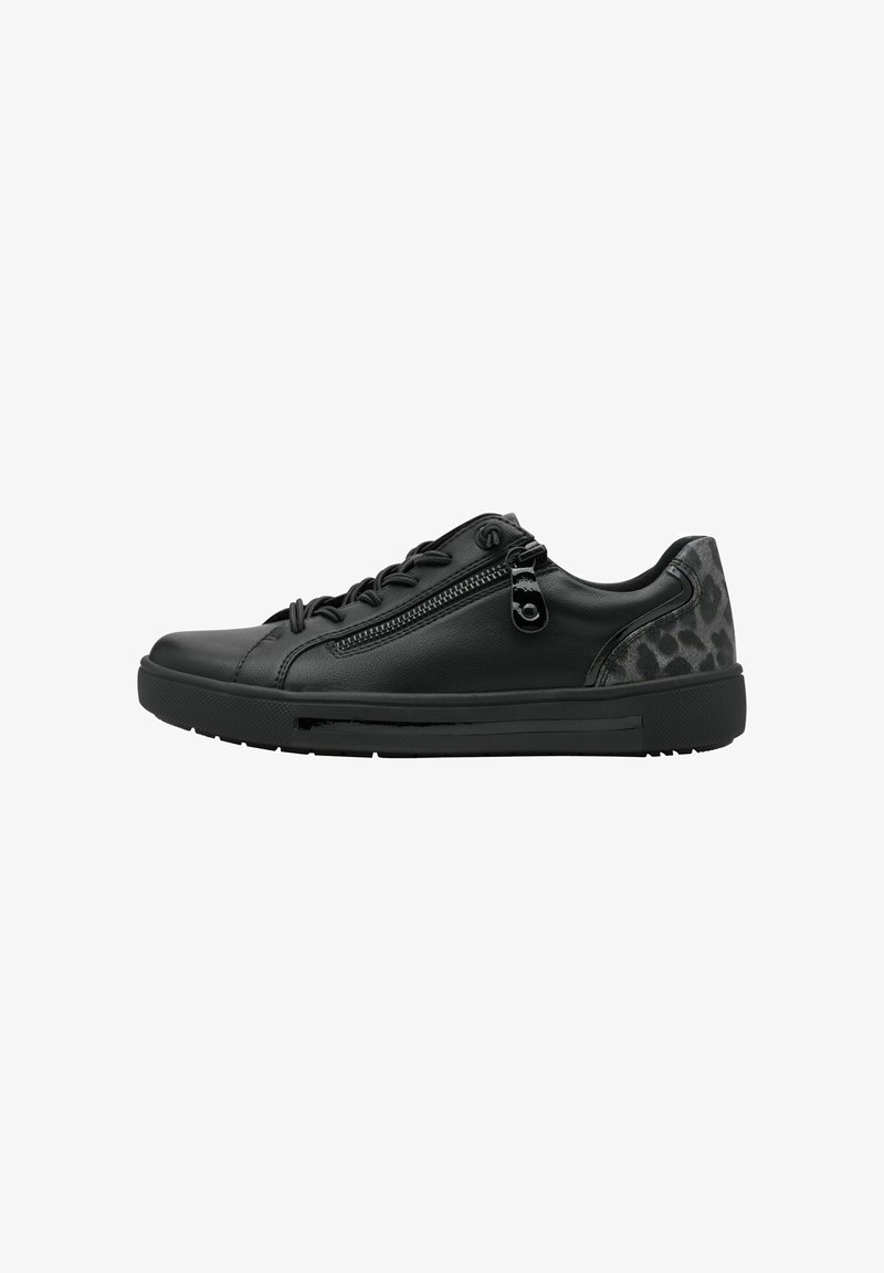 Black leather sneakers with textured gray leopard print accents, featuring a side zipper and flat rubber sole. Laced design on the front.