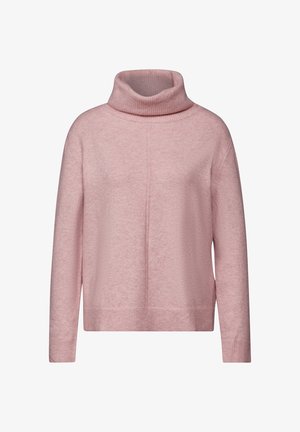Lichtroze coltrui gemaakt van zacht gebreid materiaal; heeft een relaxte pasvorm, geribde manchetten en een hoge hals. Eenvoudig ontwerp zonder patronen.